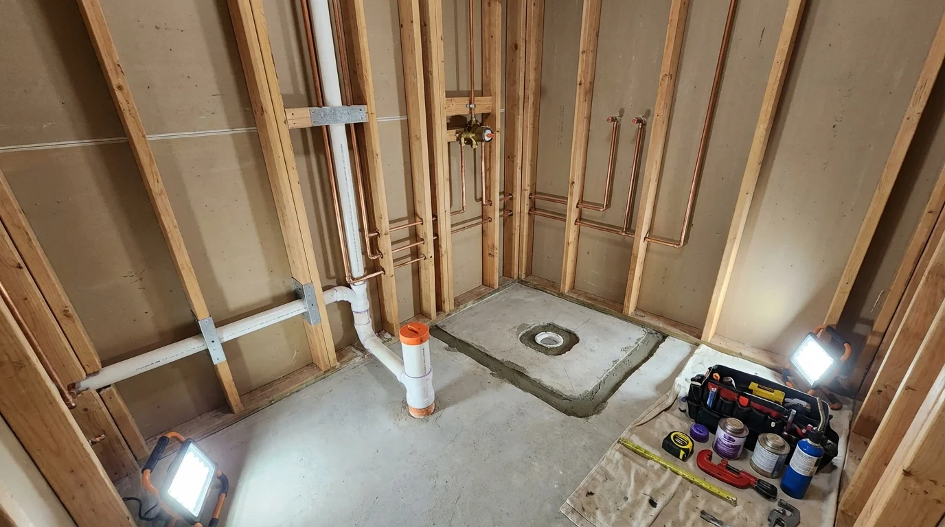 Bathroom rough-in plumbing during remodel by Johns Plumbing LLC in Kilmarnock
