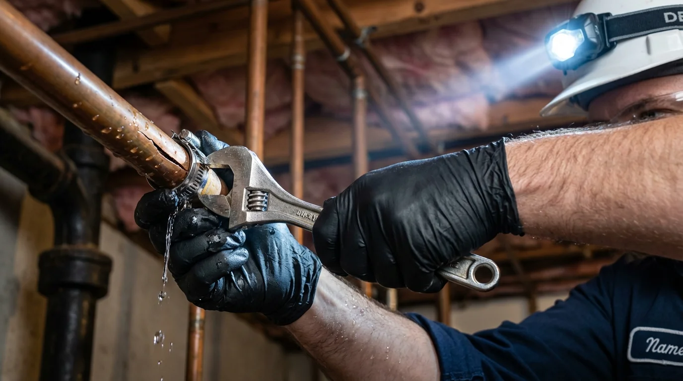 Emergency pipe clamp repair being performed by a Johns Plumbing LLC plumber in Kilmarnock