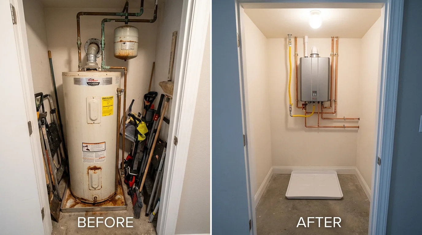 Tank water heater versus wall-mounted tankless unit comparison for Kilmarnock, VA homeowners