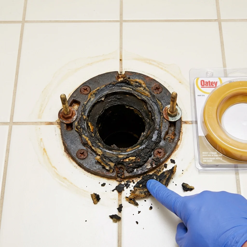 Failed wax ring showing water seepage at the base of a toilet in a Kilmarnock, VA home