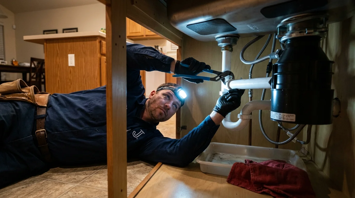 P-trap and supply line connections under a kitchen sink showing a common leak point in Kilmarnock, VA
